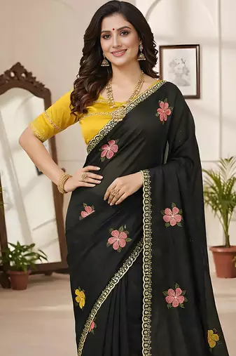 Black star georgette floral motifs embroidered work saree with mirror work border