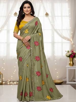Sage green star georgette floral motifs embroidered work saree with mirror work border 1