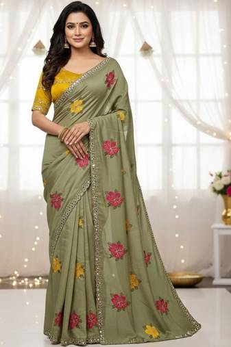 Sage green star georgette floral motifs embroidered work saree with mirror work border