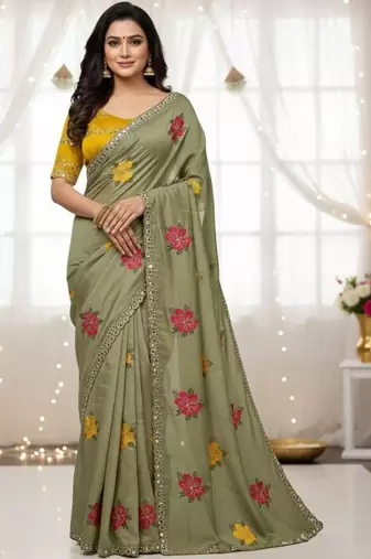 Sage green star georgette floral motifs embroidered work saree with mirror work border