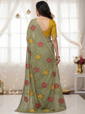 Sage green star georgette floral motifs embroidered work saree with mirror work border 2