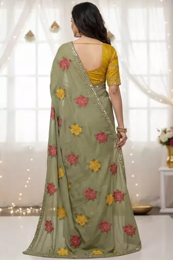 Sage green star georgette floral motifs embroidered work saree with mirror work border