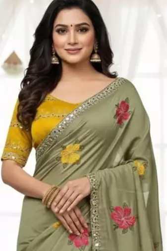 Sage green star georgette floral motifs embroidered work saree with mirror work border