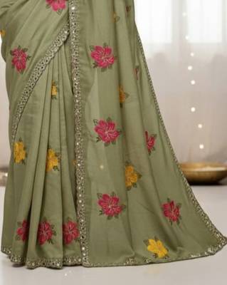 Sage green star georgette floral motifs embroidered work saree with mirror work border 4