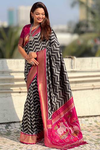 Black contrast woven ikat pattern with zari pallu work silk blend fabric