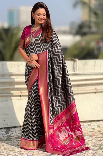 Black contrast woven ikat pattern with zari pallu work silk blend  