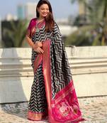 Black contrast woven ikat pattern with zari pallu work silk blend  