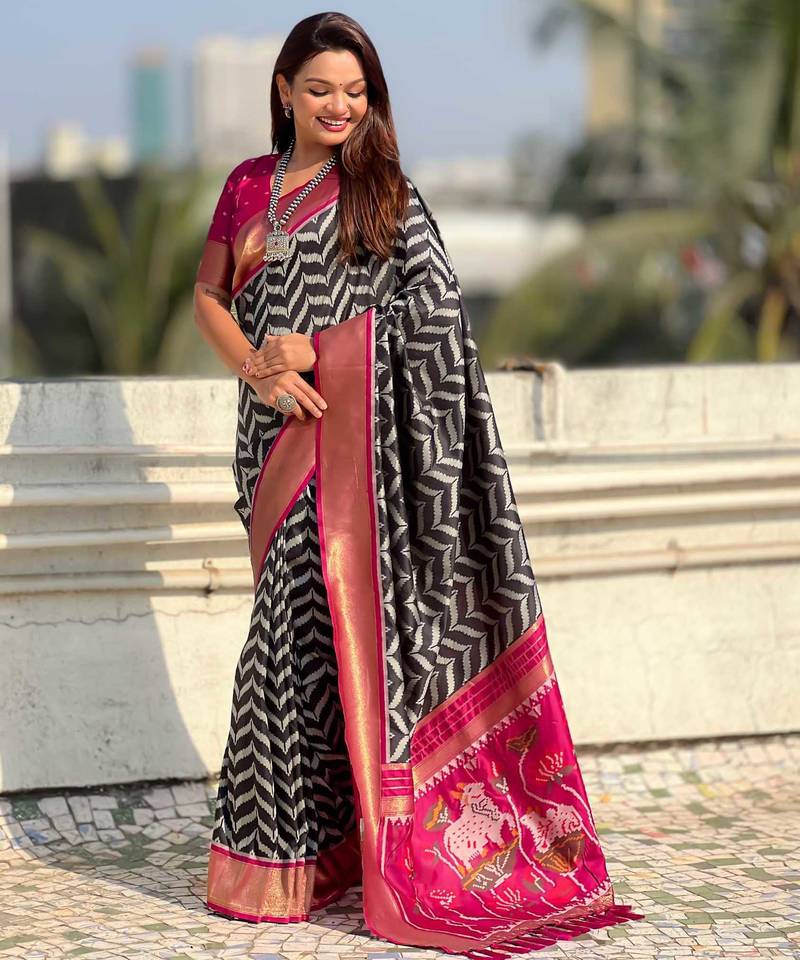 Black contrast woven ikat pattern with zari pallu work silk blend  