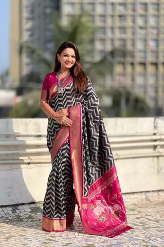 Black contrast woven ikat pattern with zari pallu work silk blend  