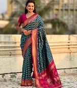 Teal contrast woven ikat pattern with zari pallu work silk blend  