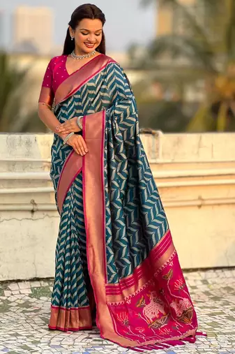 Teal contrast woven ikat pattern with zari pallu work silk blend  