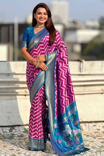 Pink contrast woven ikat patpirn with zari pallu work silk blend  