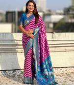 Pink contrast woven ikat patpirn with zari pallu work silk blend  