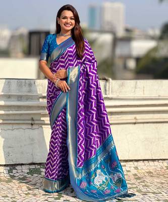 Purple contrast woven ikat patpurn with zari pallu work silk blend   1