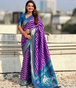 Purple contrast woven ikat patpurn with zari pallu work silk blend  