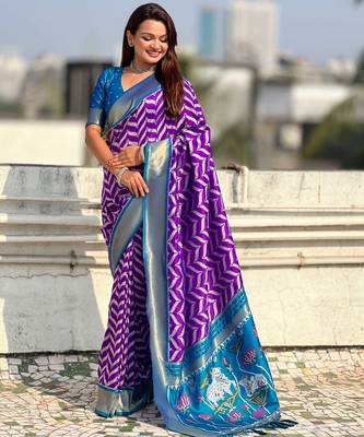 Purple contrast woven ikat patpurn with zari pallu work silk blend   2