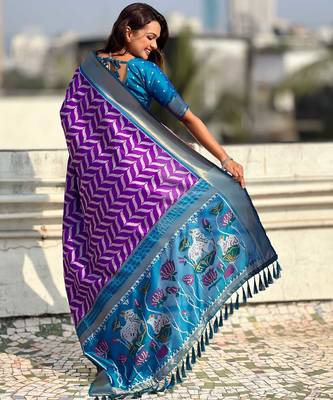 Purple contrast woven ikat patpurn with zari pallu work silk blend   3