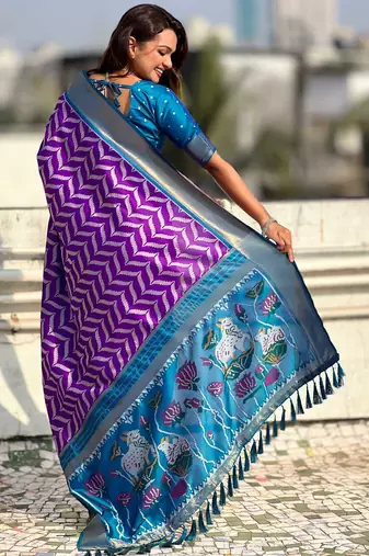 Purple contrast woven ikat patpurn with zari pallu work silk blend  