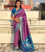 Dark pink contrast woven ikat patdarn with zari pallu work silk blend  