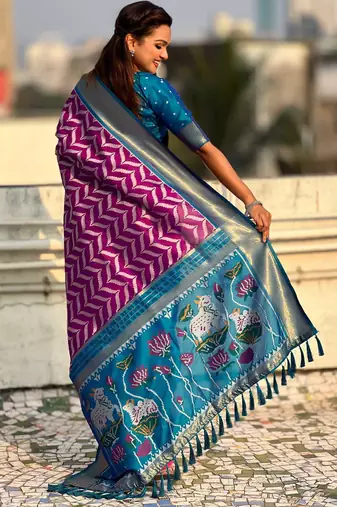 Dark pink contrast woven ikat patdarn with zari pallu work silk blend  