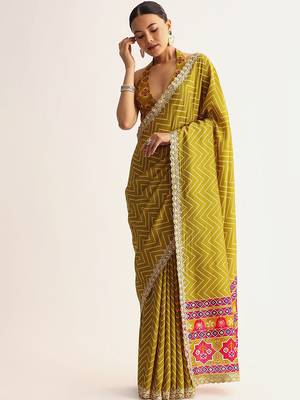 Mehendi green manipuri zigzag pattern leheriya printed saree with embroidery work lace 2