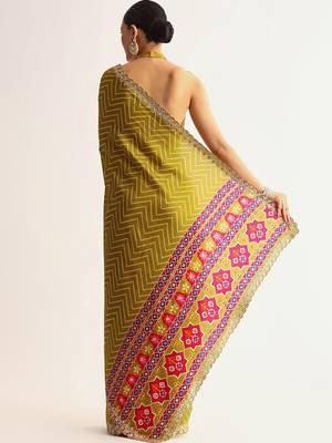 Mehendi green manipuri zigzag pattern leheriya printed saree with embroidery work lace 3
