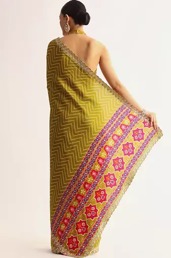 Mehendi green manipuri zigzag pattern leheriya printed saree with embroidery work lace