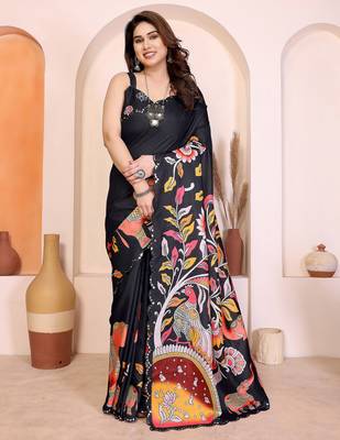 Black manipuri kalamkari & digital print saree with mirror work border 1