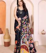 Black manipuri kalamkari & digital print saree with mirror work border