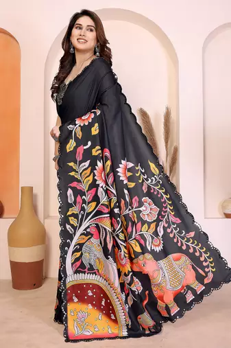 Black manipuri kalamkari & digital print saree with mirror work border