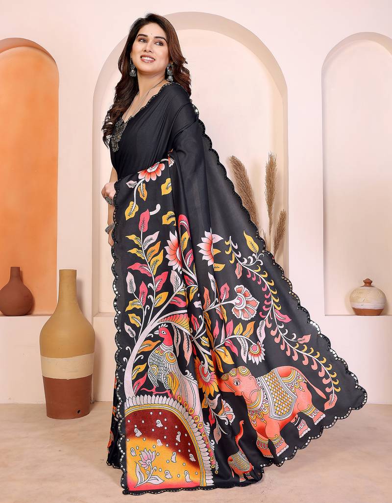 Black manipuri kalamkari & digital print saree with mirror work border