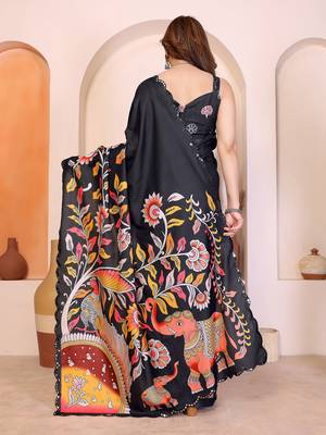 Black manipuri kalamkari & digital print saree with mirror work border 3