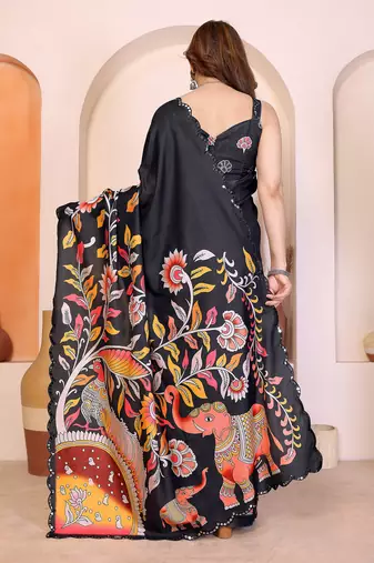 Black manipuri kalamkari & digital print saree with mirror work border