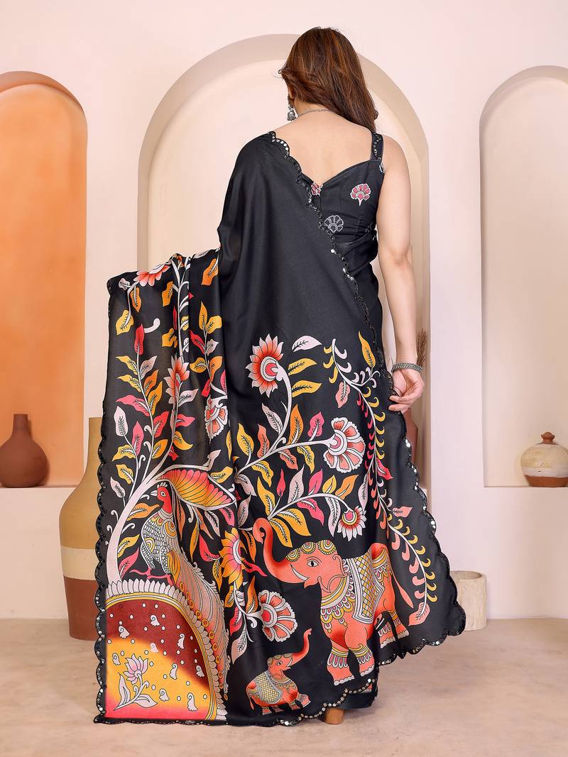 Black manipuri kalamkari & digital print saree with mirror work border