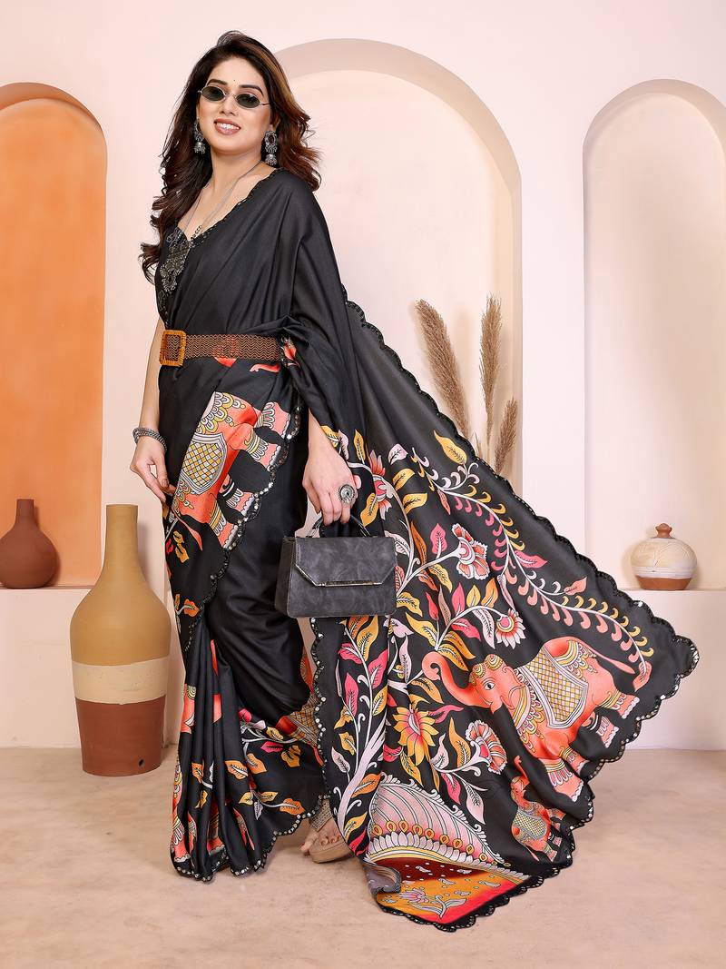 Black manipuri kalamkari & digital print saree with mirror work border