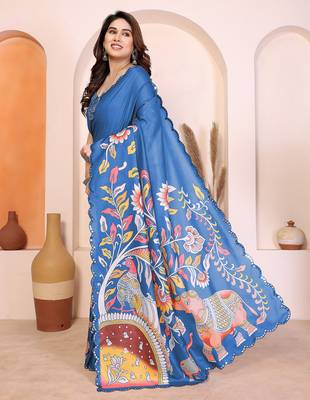 Blue manipuri kalamkari & digital print saree with mirror work border 2