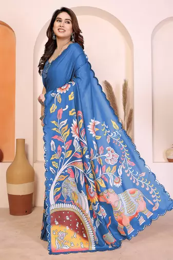 Blue manipuri kalamkari & digital print saree with mirror work border