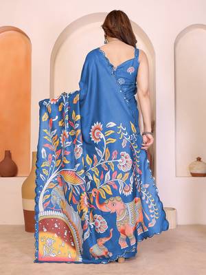 Blue manipuri kalamkari & digital print saree with mirror work border 3