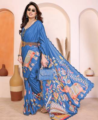 Blue manipuri kalamkari & digital print saree with mirror work border 4