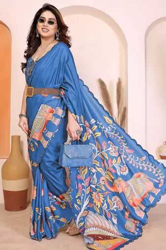 Blue manipuri kalamkari & digital print saree with mirror work border