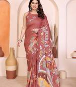 Brown manipuri kalamkari & digital print saree with mirror work border