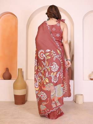 Brown manipuri kalamkari & digital print saree with mirror work border 3