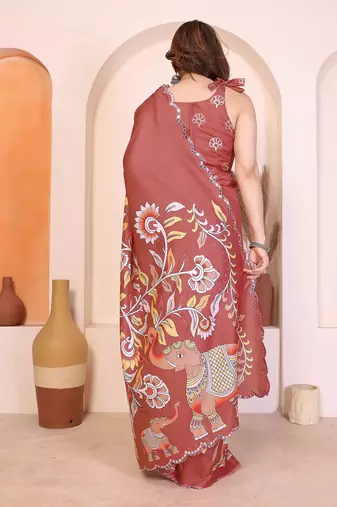 Brown manipuri kalamkari & digital print saree with mirror work border