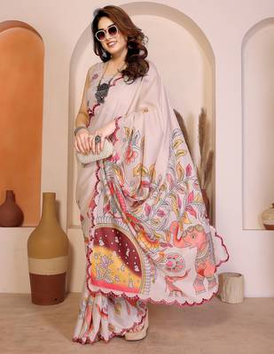 Cream manipuri kalamkari & digital print saree with mirror work border 1