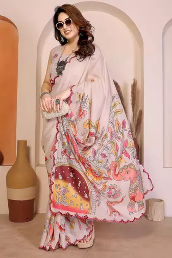 Cream manipuri kalamkari & digital print saree with mirror work border