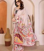 Cream manipuri kalamkari & digital print saree with mirror work border