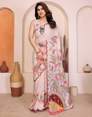 Cream manipuri kalamkari & digital print saree with mirror work border 2