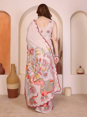 Cream manipuri kalamkari & digital print saree with mirror work border 3