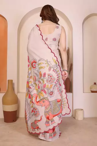 Cream manipuri kalamkari & digital print saree with mirror work border