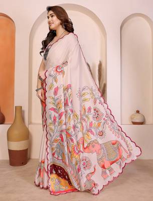 Cream manipuri kalamkari & digital print saree with mirror work border 4